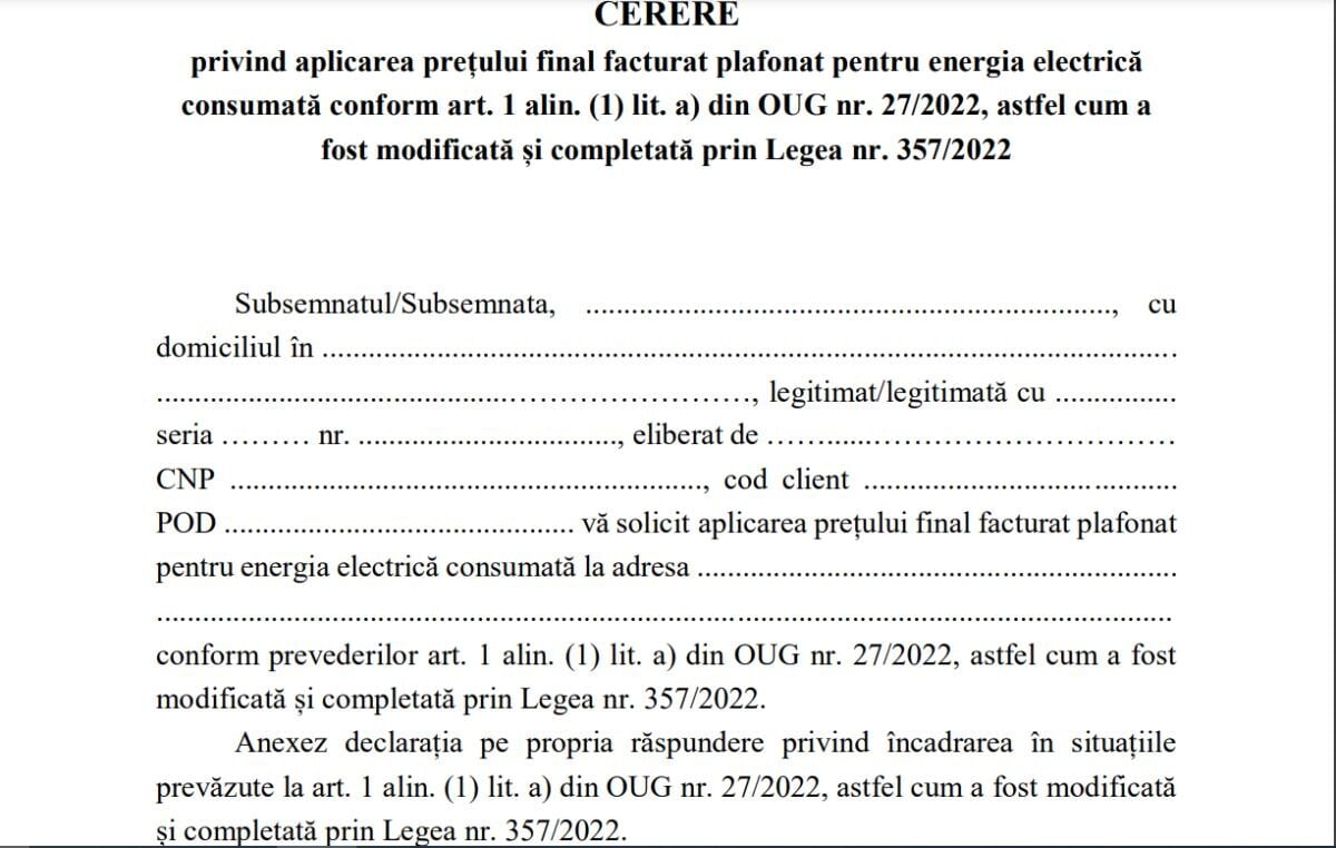 Cum arată cererea care trebuie completată şi depusă pentru a beneficia de plafonarea preţului la energie – Document