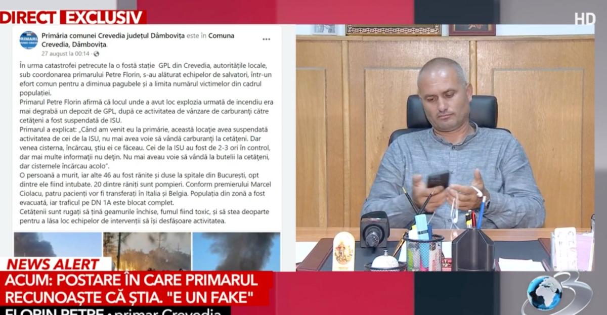 Florin Petre, bâlbăială, în direct, la Antena 3 CNN: Cu dovada în fața, nu recunoaște ce a declarat despre explozie, conform postării Primăriei Crevedia